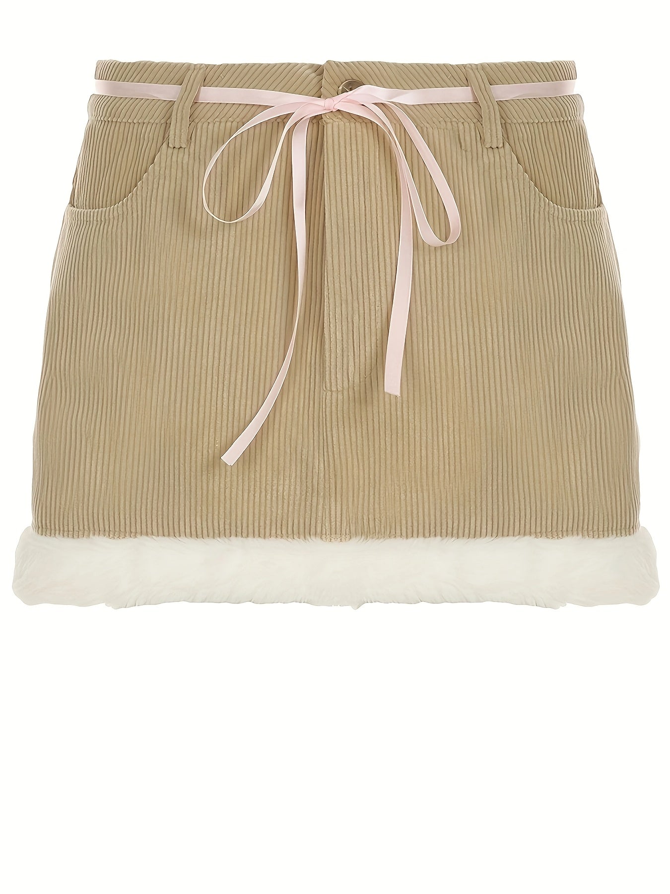 Women'S Autumn & Winter Faux Fur Trim Mini Skirt - Beige, Contrast Fur Detail, Adjustable Waistband with Bow, Stylish Shorts for Casual Attire, Casual Attire|Faux Fur Trim|Adjustable Waistband, Faux Fur Skirt